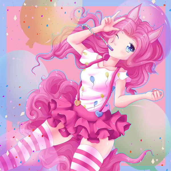 Size: 1000x1000 | Tagged: artist:jaumaruyama, clothes, cute, derpibooru import, diapinkes, eared humanization, female, human, humanized, looking at you, miniskirt, moe, noisemaker, one eye closed, peace sign, pinkie pie, safe, shirt, skirt, socks, solo, striped socks, suspenders, tailed humanization, thigh highs, thighs, wink, zettai ryouiki