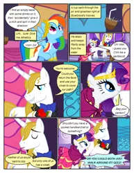 Size: 612x792 | Tagged: safe, artist:newbiespud, derpibooru import, edit, edited screencap, screencap, prince blueblood, rainbow dash, rarity, pegasus, pony, unicorn, comic:friendship is dragons, the best night ever, bowtie, clothes, comic, dialogue, dress, drink, female, flower, gala dress, jewelry, looking up, male, mare, rose, screencap comic, stallion, tiara, unshorn fetlocks