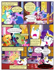 Size: 612x792 | Tagged: safe, artist:newbiespud, derpibooru import, edit, edited screencap, screencap, applejack, diamond mint, pinkie pie, prince blueblood, princess celestia, rainbow dash, twilight sparkle, alicorn, earth pony, pegasus, pony, unicorn, comic:friendship is dragons, the best night ever, background pony, background pony audience, braid, cake, clothes, comic, covering eyes, dialogue, dress, ethereal mane, eyes closed, female, food, freckles, gala dress, hat, hoof shoes, jewelry, mare, messy mane, screencap comic, tiara, unicorn twilight