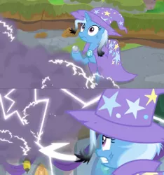 Size: 1600x1706 | Tagged: safe, derpibooru import, screencap, trixie, pony, a horse shoe-in, burnt, cape, ceiling light, clothes, electricity, hat, idiot, scared, shocking, smoke, smoke bomb, smokescreen, trixie's cape, trixie's hat