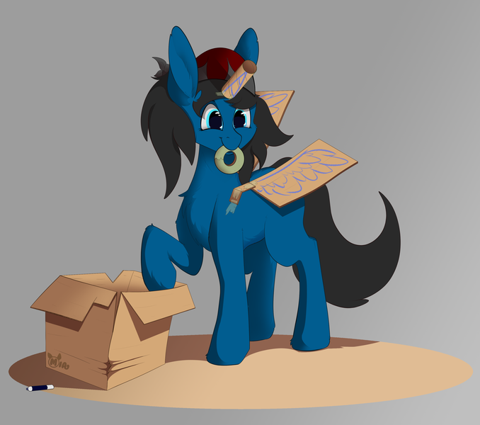 Size: 3218x2847 | Tagged: safe, artist:miaowwww, derpibooru import, oc, oc:blue pone, alicorn, pony, cardboard, cardboard box, cardboard horn, cardboard wings, fake wings