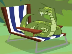 Size: 635x483 | Tagged: animal, antoine, chair, cropped, derpibooru import, eyes closed, lawn chair, python, safe, screencap, she talks to angel, snake, solo