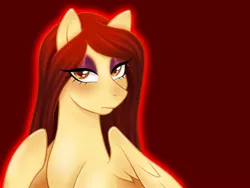 Size: 1024x768 | Tagged: safe, artist:honeycry, derpibooru import, oc, oc:honey blood, unofficial characters only, pegasus, pony, eye clipping through hair, eyeshadow, female, frown, makeup, mare, raised hoof, red background, simple background, solo