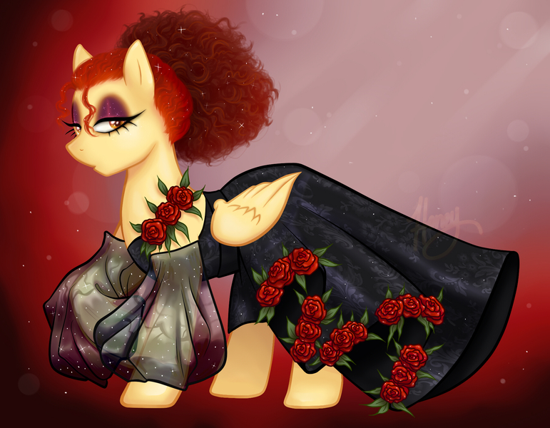 Size: 1800x1400 | Tagged: safe, artist:honeycry, derpibooru import, oc, oc:honey blood, unofficial characters only, pegasus, pony, abstract background, alternate hairstyle, clothes, dress, eyeshadow, female, flower, lidded eyes, looking at you, makeup, mare, prom dress, rose, solo