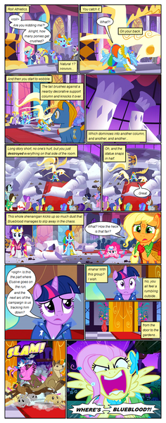 Size: 612x1553 | Tagged: safe, artist:newbiespud, derpibooru import, edit, edited screencap, screencap, applejack, diamond mint, fluttershy, princess celestia, rainbow dash, twilight sparkle, alicorn, bird, duck, earth pony, flamingo, pegasus, pony, rabbit, unicorn, wallaroo, comic:friendship is dragons, the beginning of the end, angry, animal, background pony, background pony audience, comic, dialogue, ethereal mane, falling, female, flower, flower in hair, frown, jewelry, laurel wreath, mare, messy mane, onomatopoeia, pillar, raised hoof, sad, saddle, screencap comic, spread wings, statue, tack, tiara, unicorn twilight, wide eyes, wings, worried, yelling