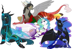 Size: 2531x1712 | Tagged: safe, artist:mythpony, derpibooru import, nightmare moon, princess celestia, queen chrysalis, oc, oc:shawn, oc:shawnette, alicorn, changeling, changeling queen, draconequus, pony, belly dancer, clothes, digital art, draconequus oc, female, harem, harem outfit, mare, rule 63, simple background, transparent background