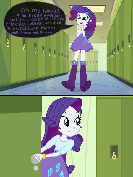 Size: 2048x2732 | Tagged: safe, artist:justsomepainter11, derpibooru import, rarity, comic:rarity's rest problem, equestria girls, boots, bracelet, clothes, comic, dialogue, jewelry, lockers, shoes, skirt, solo