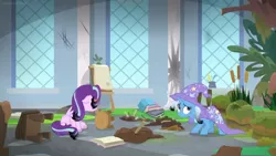 Size: 1600x900 | Tagged: safe, derpibooru import, screencap, starlight glimmer, trixie, pony, a horse shoe-in, bog, book, burnt, cape, chair, classroom, clothes, desk, dirt, hat, inkwell, leaves, mess, moss, quill, singed, trixie's cape, trixie's hat, window