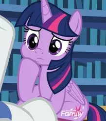 Size: 600x688 | Tagged: safe, derpibooru import, screencap, rarity, twilight sparkle, twilight sparkle (alicorn), alicorn, pony, dragon dropped, cheek squish, cropped, cute, discovery family logo, hoof on cheek, library, squishy cheeks, twiabetes, twilight's castle, twilight's castle library