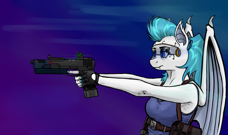 Size: 2200x1300 | Tagged: safe, artist:borsch-zebrovich, derpibooru import, oc, unofficial characters only, anthro, bat pony, augmented, clothes, cyberpunk, female, futuristic, gun, solo, trigger discipline, visor, weapon, wing claws