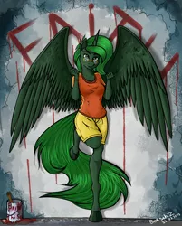 Size: 1450x1800 | Tagged: alicorn, alicorn oc, anthro, artificial alicorn, artist:borsch-zebrovich, clothes, derpibooru import, fallout equestria, fanfic, fanfic art, female, glasses, graffiti, green alicorn (fo:e), hooves, horn, large wings, looking at you, oc, oc:faith overfire, paint, paint can, safe, shorts, solo, spread wings, unguligrade anthro, unofficial characters only, wings