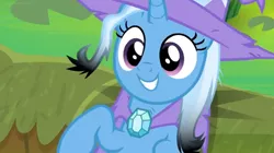 Size: 1600x898 | Tagged: safe, derpibooru import, screencap, trixie, pony, a horse shoe-in, benson, cape, clothes, female, hat, mare, moss, regular show, smiling, solo, trixie's cape, trixie's hat