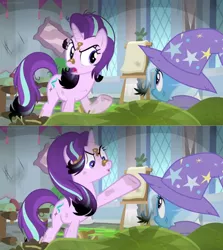 Size: 1600x1792 | Tagged: safe, derpibooru import, edit, edited screencap, screencap, starlight glimmer, trixie, pony, a horse shoe-in, angry, bog, burnt, cape, classroom, clothes, comic, dirt, easel, hat, moss, ruined, scolding, screencap comic, singed, trixie's cape, trixie's hat, upset, window, yelling