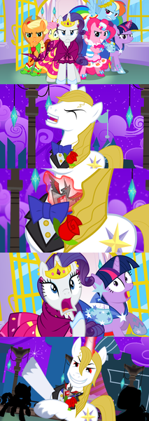 Size: 1460x4106 | Tagged: safe, alternate version, artist:christhes, derpibooru import, applejack, fluttershy, pinkie pie, prince blueblood, rainbow dash, rarity, twilight sparkle, earth pony, pegasus, pony, unicorn, comic:friendship is dragons, alicorn amulet, alternate eye color, angry, bowtie, clothes, collaboration, comic, dress, evil grin, evil laugh, eyes closed, female, flower, frown, gala dress, glass slipper (footwear), glowing horn, grin, horn, jewelry, laughing, male, mane six, mare, rose, show accurate, smiling, stallion, surprised, tiara, unicorn twilight, unshorn fetlocks