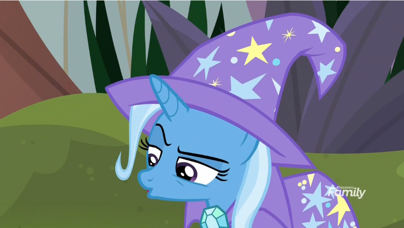 Size: 925x521 | Tagged: safe, derpibooru import, screencap, trixie, pony, a horse shoe-in, confused, discovery family logo, female, solo