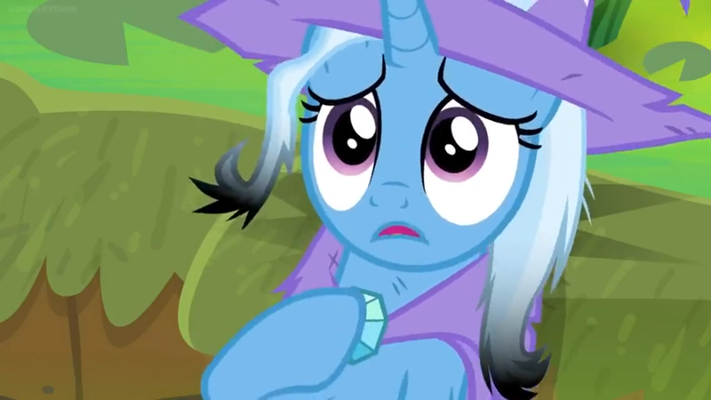 Size: 1600x900 | Tagged: safe, derpibooru import, screencap, trixie, pony, a horse shoe-in, burnt, moss, sad, sad eyes, singed, solo