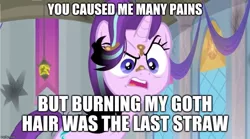 Size: 897x500 | Tagged: safe, derpibooru import, edit, edited screencap, screencap, starlight glimmer, pony, a horse shoe-in, angry, banner, broken, burned, burnt, caption, dirt, goth, image macro, lamp, shattered, singed, solo, text, this will end in death, this will end in pain, this will end in tears, this will end in tears and/or death, this will not end well, upset, window