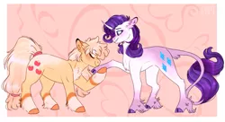 Size: 1387x756 | Tagged: safe, artist:wanderingpegasus, derpibooru import, applejack, rarity, earth pony, pony, unicorn, bowing, butt fluff, chest fluff, cloven hooves, colored hooves, cute, digital art, female, jackabetes, leonine tail, lesbian, mare, raribetes, rarijack, shipping, unshorn fetlocks