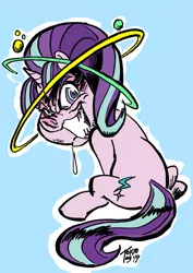 Size: 905x1280 | Tagged: safe, artist:grotezco, derpibooru import, starlight glimmer, pony, unicorn, blue background, crazed, dizzy, drool, drool string, drunklight glimmer, evil grin, grin, looking at you, looking back, looking back at you, madness, nightmare fuel, simple background, sitting, smiling, this will end in communism, trauma