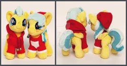Size: 1024x537 | Tagged: safe, artist:gingerale2016, derpibooru import, barley barrel, pickle barrel, pegasus, pony, rainbow roadtrip, barrel twins, beanie, brother and sister, clothes, colt, female, filly, freckles, hat, hoodie, irl, male, photo, plushie, siblings, smiling, twins