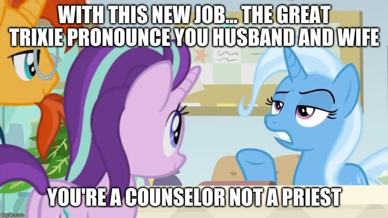 Size: 888x499 | Tagged: safe, derpibooru import, edit, edited screencap, screencap, starlight glimmer, sunburst, trixie, pony, a horse shoe-in, bulletin board, caption, desk, image macro, implied shipping, implied starburst, implied straight, marriage, office, shipper on deck, starlight's office, text, the great and powerful shipper