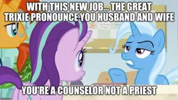 Size: 888x499 | Tagged: safe, derpibooru import, edit, edited screencap, screencap, starlight glimmer, sunburst, trixie, pony, a horse shoe-in, bulletin board, caption, desk, image macro, implied shipping, implied starburst, implied straight, marriage, office, shipper on deck, starlight's office, text, the great and powerful shipper