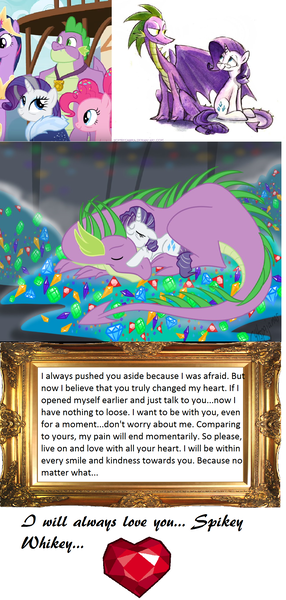 Size: 1065x2237 | Tagged: safe, artist:calicopikachu, artist:kenket, derpibooru import, edit, edited screencap, screencap, pinkie pie, rarity, spike, dragon, unicorn, fanfic:like a fine wine, fanfic:like fine wine, the last problem, confession, deathbed, female, fire ruby, frame, gem, gigachad spike, male, older, older rarity, older spike, ruby, shipping, sparity, spikey wikey, straight, uplifting, winged spike