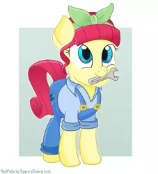 Size: 851x939 | Tagged: safe, artist:redpalette, derpibooru import, torque wrench, earth pony, pony, rainbow roadtrip, atorqueable, clothes, cute, female, mare, mouth hold, overalls, wrench