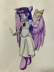 Size: 3024x4032 | Tagged: alicorn, anatomically incorrect, anthro, armor, artist:ponime11, book, clothes, derpibooru import, female, incorrect leg anatomy, looking at you, safe, skirt, solo, traditional art, twilight sparkle, twilight sparkle (alicorn), unguligrade anthro, wings