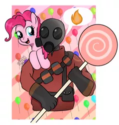 Size: 756x790 | Tagged: safe, artist:almond evergrow, derpibooru import, pinkie pie, pony, pyro, pyro and pinkie pie, pyro x pinkie, team fortress 2