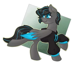 Size: 968x825 | Tagged: safe, artist:cadetredshirt, derpibooru import, oc, unofficial characters only, pegasus, pony, blue eyes, clothes, colored pupils, ear fluff, folded wings, full body, giveaway, gray coat, hoodie, jacket, looking up, male, raffle prize, raised hoof, shading, simple background, smiling, solo, stallion, two toned mane, two toned tail, two toned wings, walking, wings