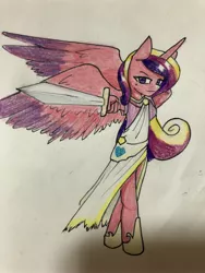 Size: 3024x4032 | Tagged: alicorn, anatomically incorrect, anthro, artist:ponime11, clothes, derpibooru import, female, incorrect leg anatomy, looking at you, pointing, princess cadance, safe, solo, spread wings, sword, traditional art, unguligrade anthro, weapon, wings