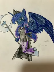 Size: 3024x4032 | Tagged: alicorn, anatomically incorrect, anthro, artist:ponime11, clothes, derpibooru import, female, incorrect leg anatomy, looking at you, princess luna, safe, scepter, solo, spread wings, traditional art, unguligrade anthro, wings