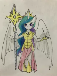 Size: 3024x4032 | Tagged: alicorn, anatomically incorrect, anthro, armor, artist:ponime11, clothes, cute, derpibooru import, female, incorrect leg anatomy, looking at you, princess celestia, safe, scepter, shoes, side slit, skirt, solo, spread wings, traditional art, unguligrade anthro, wings