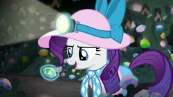 Size: 1920x1080 | Tagged: safe, derpibooru import, screencap, rarity, pony, unicorn, dragon dropped, ascot, eyes closed, female, gem cave, glowing horn, hat, headlamp, horn, levitation, magic, mare, solo, telekinesis