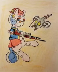 Size: 2418x3018 | Tagged: safe, artist:dice-warwick, derpibooru import, oc, oc:harp melody, pony, fallout equestria, clothes, dress, drone, gun, hat, horn, mirage pony, pipbuck, red dress, red hat, rifle, skirt, small horn, small wings, solo, traditional art, weapon, wings
