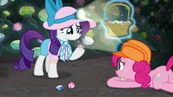 Size: 1920x1080 | Tagged: safe, derpibooru import, screencap, pinkie pie, rarity, pony, unicorn, dragon dropped, ascot, basket, female, gem, gem cave, hat, headlamp, helmet, horn, mare, mining helmet