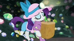 Size: 1920x1080 | Tagged: safe, derpibooru import, screencap, rarity, spike, pony, unicorn, dragon dropped, ascot, basket, eyes closed, female, gem, gem cave, hat, headlamp, helmet, horn, hug, magic, mare, mining helmet, solo, telekinesis