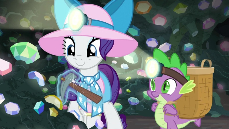 Size: 1920x1080 | Tagged: safe, derpibooru import, screencap, rarity, spike, pony, unicorn, dragon dropped, ascot, basket, female, gem, gem cave, hat, headlamp, helmet, horn, mare, mining helmet