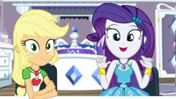 Size: 1280x720 | Tagged: safe, derpibooru import, screencap, applejack, rarity, camping must-haves, equestria girls, equestria girls series, spoiler:eqg series (season 2), belt buckle, bracelet, clothes, cutie mark on clothes, duo, female, geode of shielding, geode of super strength, grin, image, jewelry, jpeg, magical geodes, necklace, open smile, pendant, rarity peplum dress, shirt, sleeveless, smiling, t-shirt