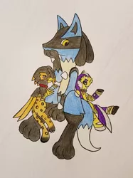 Size: 2039x2719 | Tagged: safe, artist:dice-warwick, derpibooru import, oc, oc:glock, oc:lucien, oc:sizzle cymbal, unofficial characters only, cyborg, gryphon, lucario, pony, collar, dog collar, ear piercing, mirage pony, piercing, pokémon, stripes, traditional art