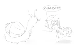 Size: 1480x894 | Tagged: safe, artist::snowfrost, derpibooru import, rarity, pony, snail, unicorn, armor, charge, confused, female, filly, filly rarity, jousting, jousting lance, monochrome, speech bubble, younger