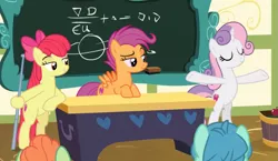 Size: 857x496 | Tagged: safe, derpibooru import, screencap, apple bloom, scootaloo, sweetie belle, teal shores, earth pony, pegasus, pony, unicorn, growing up is hard to do, bipedal, bipedal leaning, bow, chalkboard, cropped, cutie mark, cutie mark crusaders, desk, eyes closed, female, hair bow, leaning, mare, older, older apple bloom, older cmc, older scootaloo, older sweetie belle, ponyville schoolhouse, raised eyebrow, smiling, smirk, spread wings, the cmc's cutie marks, wings