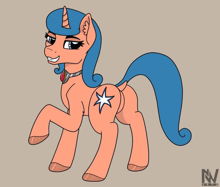 Size: 1032x878 | Tagged: safe, artist:nightwind-arts, derpibooru import, oc, oc:starlight, unofficial characters only, pony, unicorn, dock, ear fluff, female, horn, jewelry, looking back, mare, necklace, raised leg, sassy, smiling, solo, standing, unicorn oc