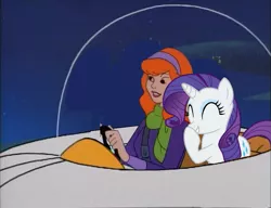 Size: 1053x810 | Tagged: artist:guihercharly, context is for the weak, crossover, daphne blake, derpibooru import, driving, glass dome, hanna barbera, laughing, rarity, safe, scooby doo, space, spaceship, the jetsons, wat