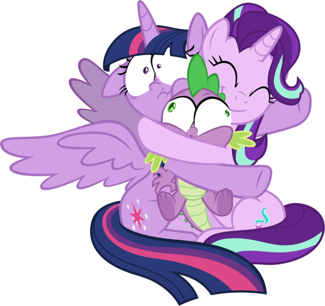 Size: 5919x5578 | Tagged: safe, artist:famousmari5, derpibooru import, spike, starlight glimmer, twilight sparkle, twilight sparkle (alicorn), alicorn, dragon, pony, unicorn, a horse shoe-in, cute, female, floppy ears, glimmerbetes, group hug, hug, male, mare, simple background, sitting, small eyes, smiling, squeeze, squishy, transparent background, underfoot, vector, winged spike