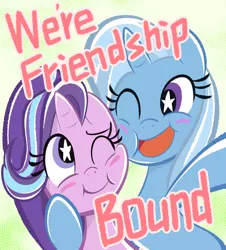 Size: 2126x2347 | Tagged: safe, artist:garammasara, derpibooru import, starlight glimmer, trixie, pony, unicorn, road to friendship, blush sticker, blushing, cheek squish, cute, diatrixes, duo, glimmerbetes, looking at each other, one eye closed, pixiv, smiling, squishy cheeks, starry eyes, we're friendship bound, wingding eyes