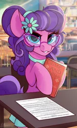 Size: 692x1154 | Tagged: safe, alternate version, artist:shadowreindeer, derpibooru import, petunia petals, earth pony, pony, rainbow roadtrip, book, crime and punishment, female, flower, flower in hair, glasses, looking at you, mare, menu, restaurant, solo