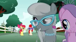 Size: 1280x720 | Tagged: safe, derpibooru import, screencap, apple bloom, diamond tiara, scootaloo, silver spoon, sweetie belle, earth pony, pony, call of the cutie, apple bloom's bow, arrogant, bow, bully, bullying, cutie mark crusaders, evil grin, female, filly, foal, glasses, grin, hair bow, insulted, jaw drop, jewelry, necklace, open mouth, pearl necklace, photo, raised eyebrow, shocked, sin of pride, smiling, smirk, snob, tiara