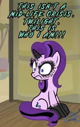 Size: 677x1080 | Tagged: safe, derpibooru import, edit, edited screencap, screencap, starlight glimmer, pony, unicorn, road to friendship, caption, cropped, edgelight glimmer, emo, female, frown, glare, goth, hair dye, image macro, it's a phase, it's not a phase, looking offscreen, makeup, mare, scowl, sitting, solo, somnambula (location), text